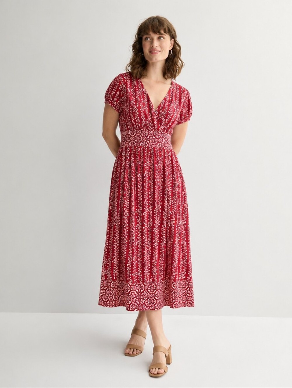 Apt. 9 Stretch Red White Print Faux Wrap Midi Dress XL Short Sleeve Empire Waist